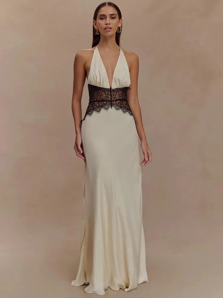 Mozision Sommer Backless Sexy Maxi Kleid Frauen Kleid Patchwork Spitze Halter Tiefem V-ausschnitt Ärmellose Hohe Taille Elegante Lange Kleid