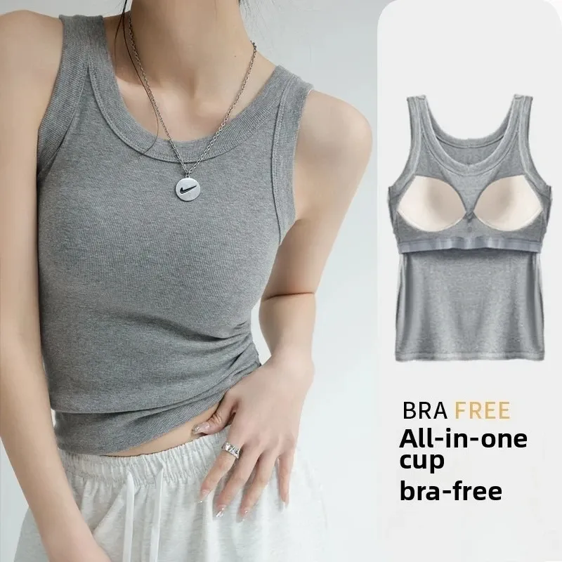 2-in-1-T-Shirt-BH-Kombinationsoberteil – nahtlose integrierte Damenweste, atmungsaktives ärmelloses Sommerhemd und lässiges Unterhemd Sexy Top Y2k