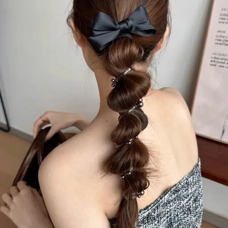 Haargummis mit Schleife, eleganter Pferdeschwanzhalter, Zubehör, geflochtener Telefondraht, Haargummis, Perlen, elastische Spirale, Haarbänder für Frauen