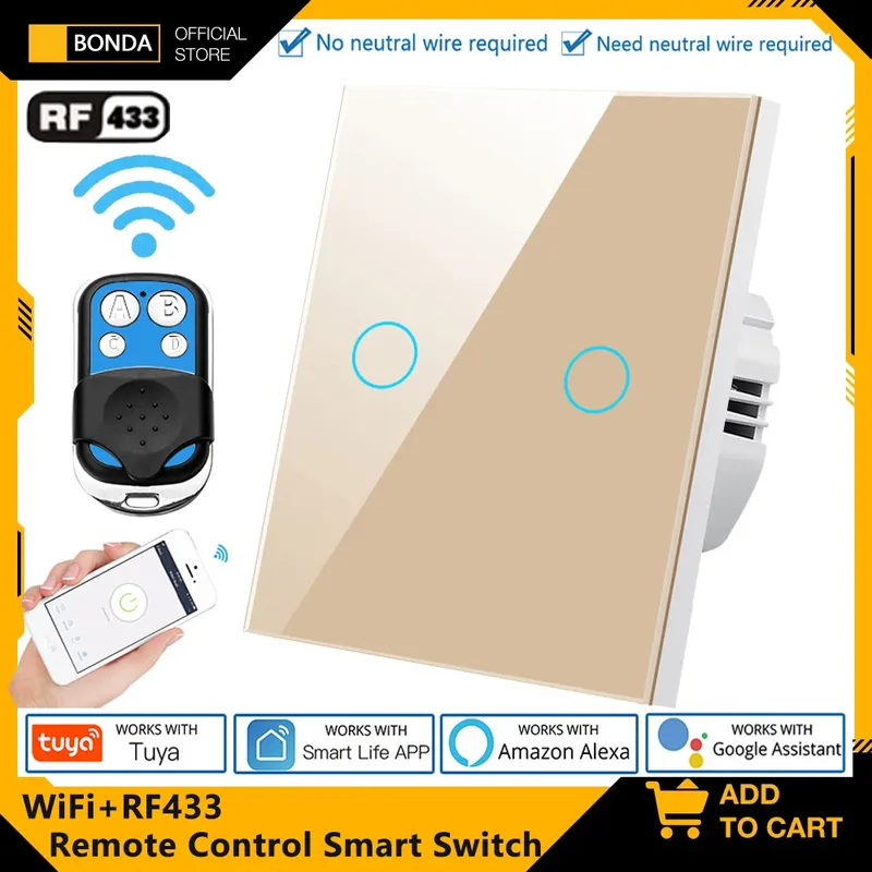 Tuya EU WiFi+RF433 Smart Fernbedienung Schalter Kein Neutralleiter erforderlich 1/2/3Gang Licht Touch Schalter Funktioniert mit Alexa Google Home