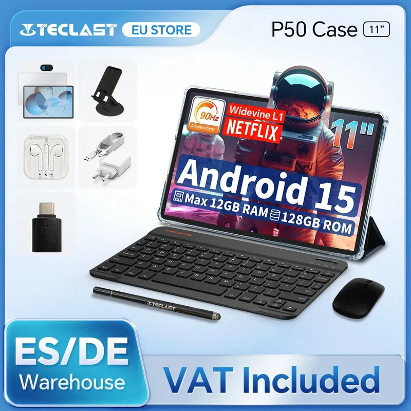 Teclast P50 Hülle Android 15 Tablet 11\" 90 Hz Max. 12 GB (4 GB + 8 GB Erweiterung) Ram 128 GB Rom T606 8-Core Widevine L1 7000 mAh Typ-C