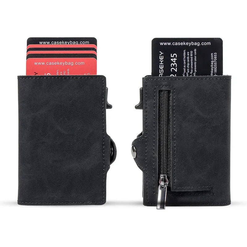 CASEKEY Herren-Kartenhalter, hochwertiges Vintage-Leder, Pop-Up-Kartenetui, schmal, minimalistisch, Geldklammer, intelligente Geldbörse mit Münzgeldbörse