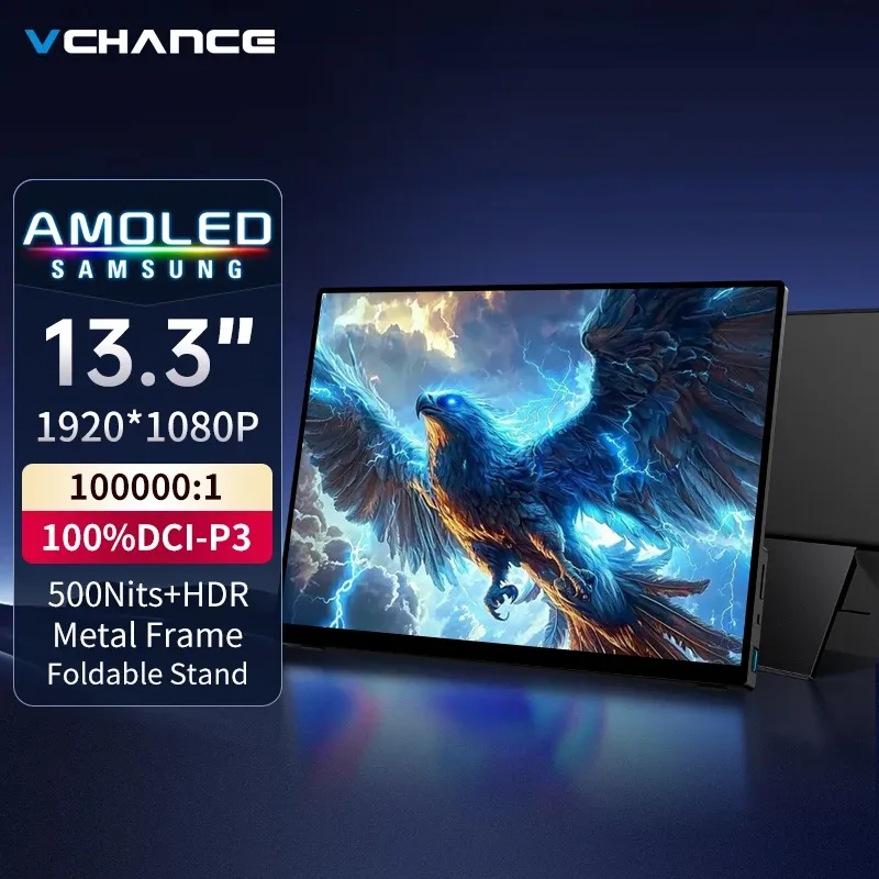 VCHANCE 13,3'' OLED Tragbarer Monitor 1920x1080p Metallrahmen mit Ständer 100 % DCI-P3 Büro-Reise-Display-Extender für Laptop Mac