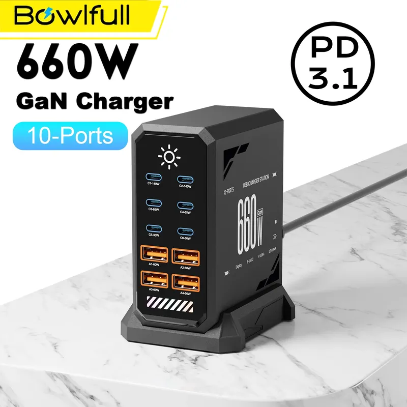 660 W GaN USB C Ladestation 10 Port Schnellladegerät Typ C PD3.1 PD3.0 PPS Schnellladegerät für MacBook Pro iPad iPhone 16 Samsung