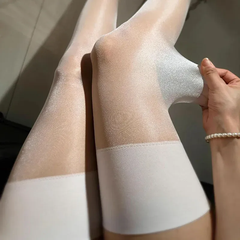 12D Breite Kante Manschette Frauen Strümpfe Glänzende Seide Sexy Dessous Transparente Unterwäsche Party Club Weiß Über Knie Lange Strümpfe