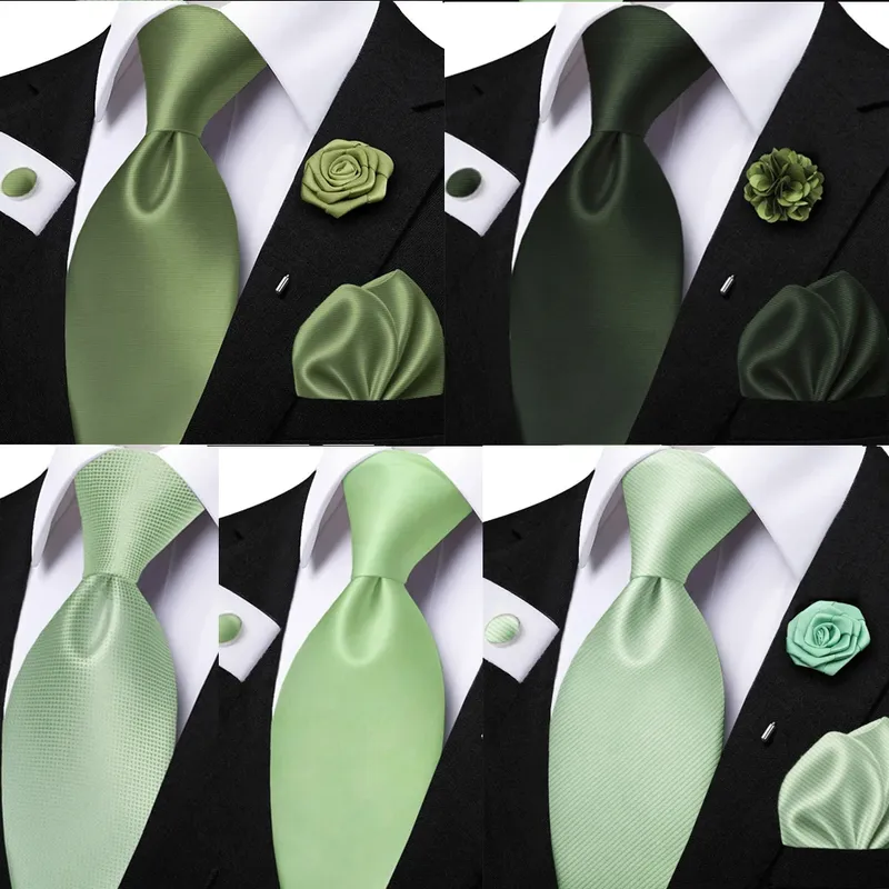 Einfarbiges Krawatten-Set für Herren, für Salbeigrün, Einstecktuch, Blumenbrosche, Manschettenknöpfe als Alltagskleidung, Hochzeit, Bräutigam, Kragen, Accessoire, Geschenk