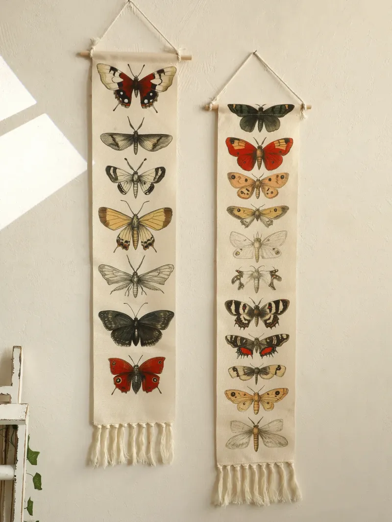 1 Stück Vintage Boho Butterfly Moth Wandkunst Wandteppich, Baumwollbanner mit Quasten – rustikale Natur-Heimdekoration für Wohnzimmer und Schlafzimmer