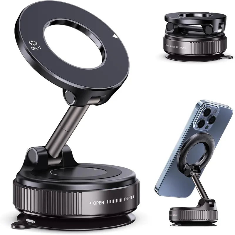 Verbesserter magnetischer Vakuum-Autotelefonhalter aus Aluminiumlegierung mit 360° °   Rotations- und faltbares Design, starke magnetische Absorption