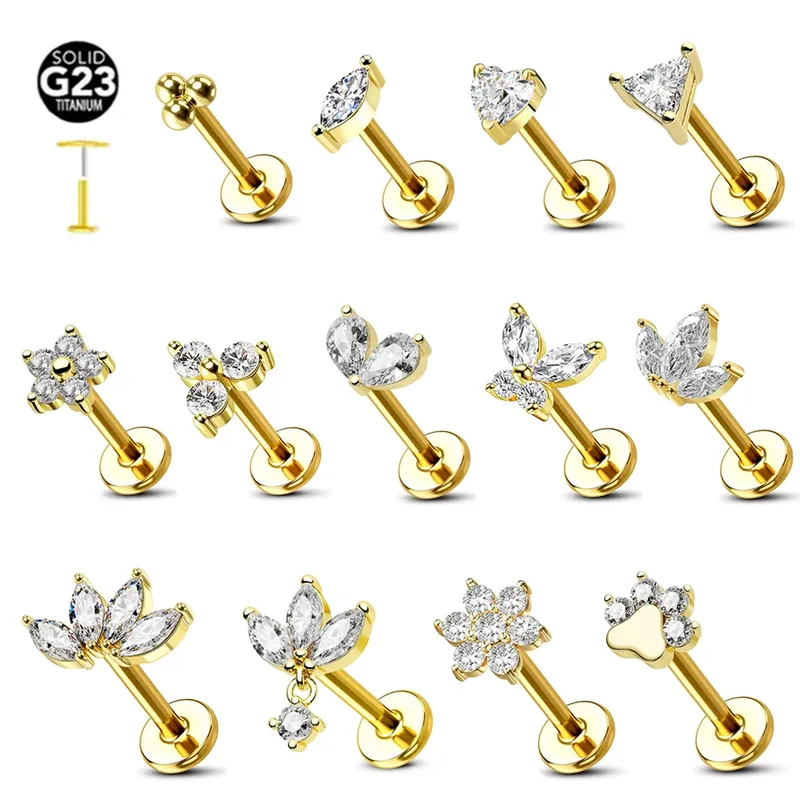 ASTM F136 G23 Titan Blume Threadless Ohrring Piercing Blütenblätter Blatt Herz Schmetterling Pin Daith Conch Push in Labret Stud