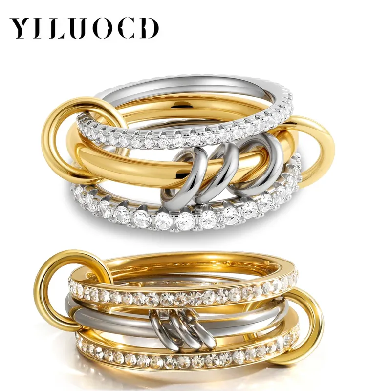 Neue stapelbare Ringe aus Edelstahl mit kubischem Zirkonia für Damen, 18 Karat vergoldet, mit mehreren Verbindung verbundener Statement-Ring, Stapel-Schmuck