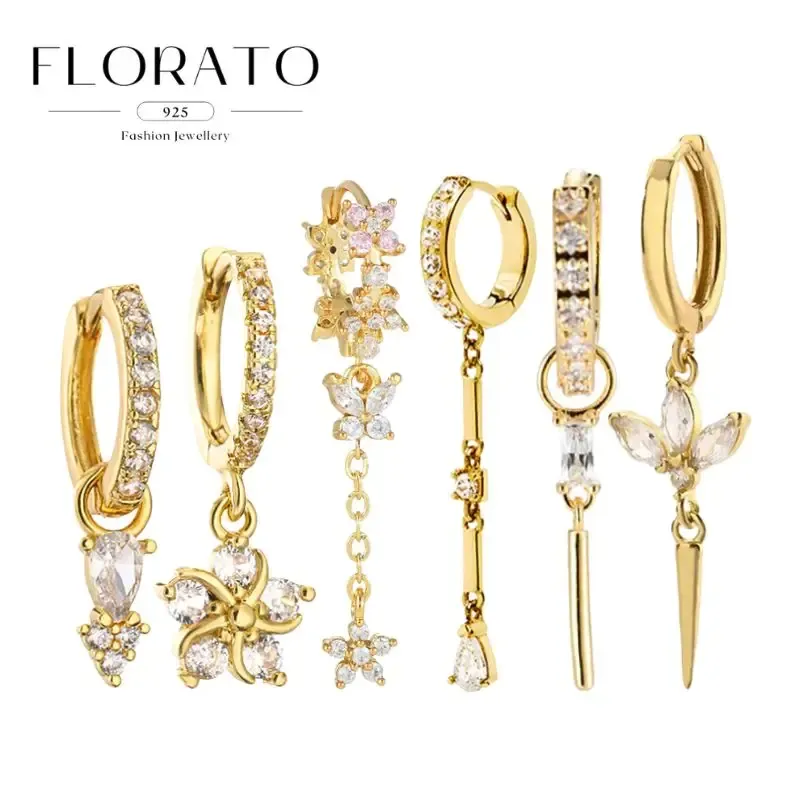 FRAUEN 925 Silber Nadel Wasser Tropfen Geometrische Zirkon Weiß Zirkon Kristall Blumen Anhänger Creolen Mode Hochzeit Schmuck