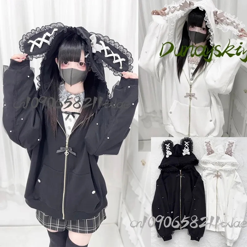 Bunny Hoodie Hoodies Y2K Kaninchen Ohr Hoodie Lolita Jacke Schleife Mädchen Perle JK Japan Spitze Kawaii Reißverschluss Strickjacke Langarm Top