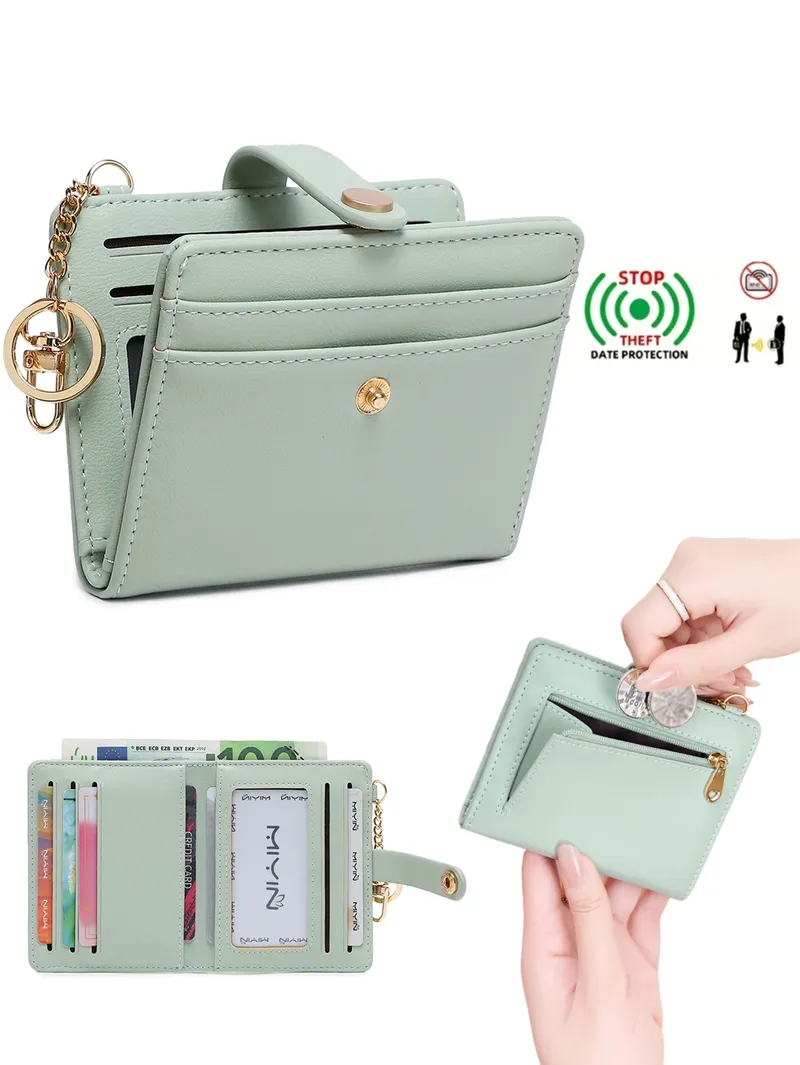 MIYIN Ultradünne Damenbrieftasche mit RFID-Abschirmung, zweifach gefalteter Kreditkarten-/Ausweishalter, minimalistische Geldbörse mit kurzem Reißverschluss und Schlüsselanhänger