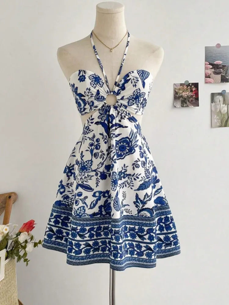 Damen-Kleid mit romantischem Blumendruck, Neckholder, sexy, modisch, einfach zu kreieren, faules, stilvolles Kleid im Urlaubsstil