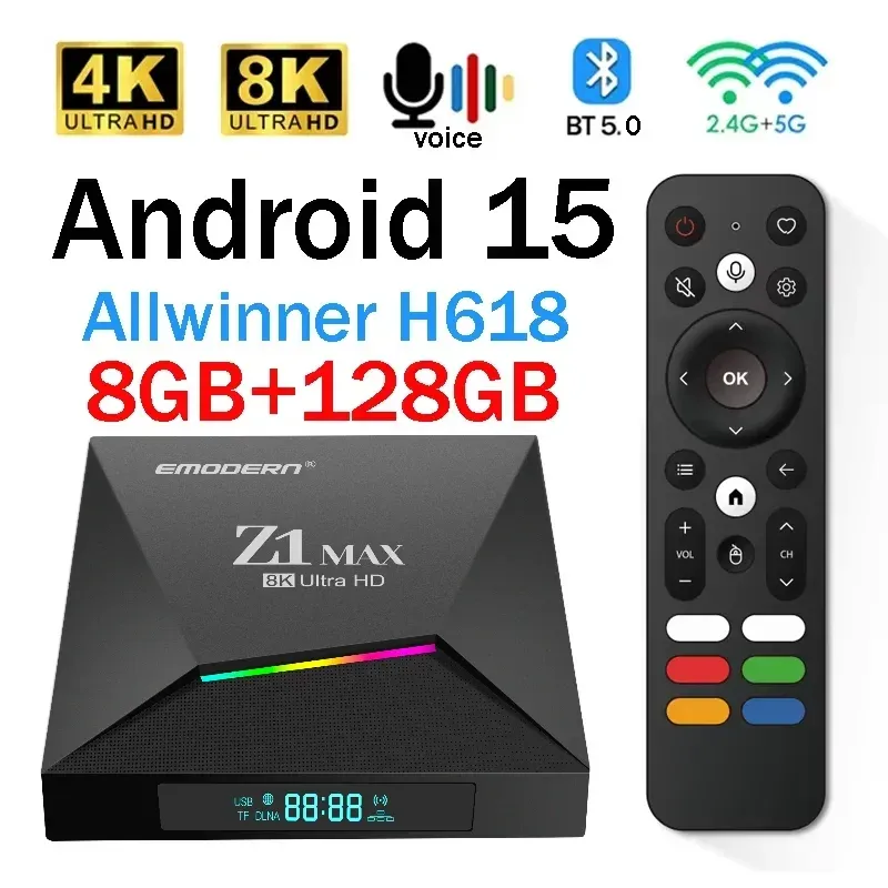 Z1 Max TV Box Android 15 IPTV Allwinner H618 Quad Core 4G 5G Dual WiFi HD 8K 4K Media Player BT 5.0 Unterstützung Sprachfernbedienung TV Box