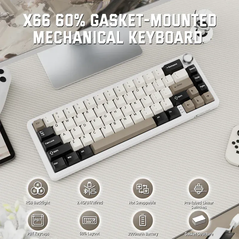 ATTACK SHARK X66 Kabellose mechanische Tastatur mit seitlich bedruckten PBT-Tastenkappen BT & 2,4 G Wireless & Typ-C verkabelt Hot-Swap 16 Milli