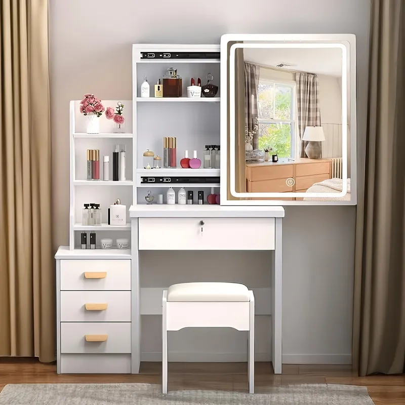 Schminktisch mit LED-Beleuchtung Spiegel,einstellbare Helligkeit, Schminktisch mit Hocker，Frisiertisch mit 4 Schubladen und 3 Ablagen, Modern Kosmetiktisch aus Holz, Weiß