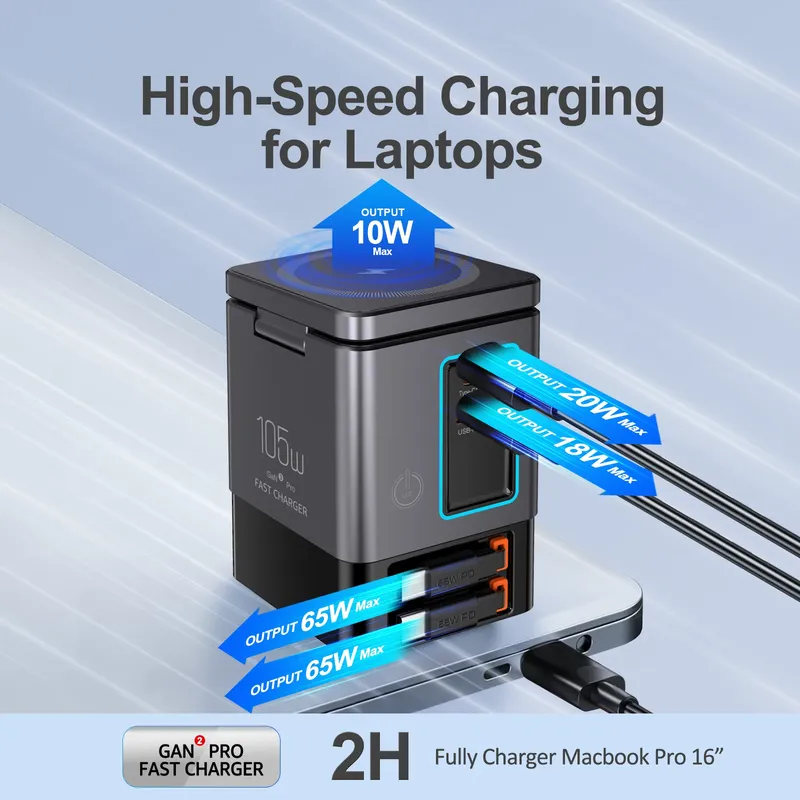 6-in-1-Ladestation mit einziehbarem USB-C-Kabel, Power Combo Tower 105 W, für mehrere Geräte, Schnellladegerät für iPhone Airpod