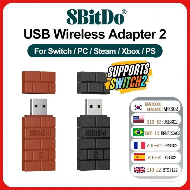 8 BitDo USB-Wireless-Bluetooth-Adapter 2 für Nintendo Switch 2 PS3 PS5 Xbox JoyCon RR2 R-Empfänger für PC Windows Mac Raspberry Pi