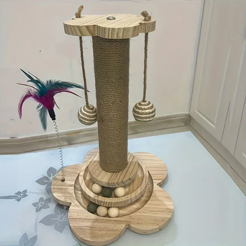 Massivholz-Katzendrehteller, Katzenkratzbaum, Katzen-Teaser-Stick, Katzenkratzbrett für Katzen, langlebiges Katzenspielzeug