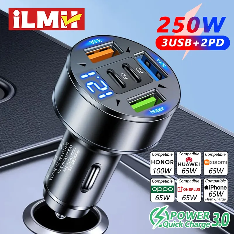 250 W 5-in-1 PD QC3.0 Autoladegerät Schnellladung USB C für IPhone, Samsung Galaxy, IPad Pro, Multi-Port-Zigarettenanzünder-Adapter
