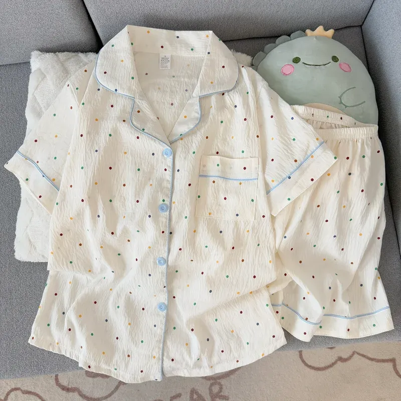 Damen-Pyjama-Set aus Baumwolle mit Punktemuster, kurzärmeliges Oberteil und Shorts, 2-teilig, lässig, bequem, mit süßem Aufdruck, Nachtwäsche