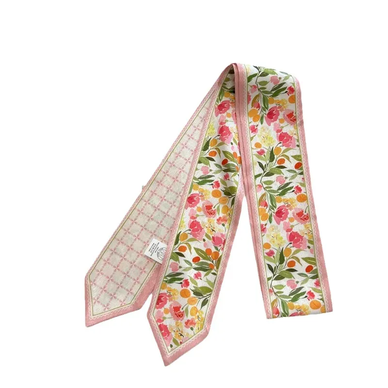 Hochwertiger Blumendruck, langer Seidenschal, Haarband, Band, gebundenes Haar, lange Schleife, Vintage-Satinband, Haarschmuck für Frauen