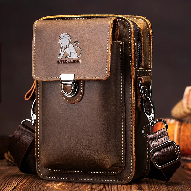 Crazy Horse Skin Herren-Gürtel, Handy-Hüfttasche, Oberschicht aus Rindsleder, multifunktionale Umhängetasche mit einer Schulter