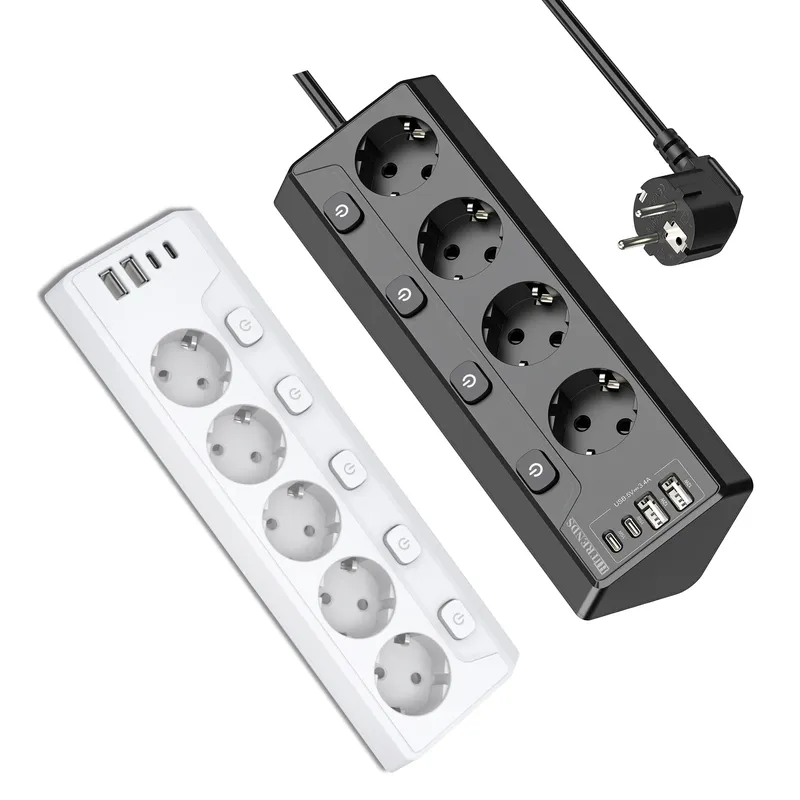 European Plug Desktop Multitap-Steckdosenleiste, Überspannungsschutz mit individuellem Schalter, USB-Buchse, 2 m Verlängerungskabel für Zuhause