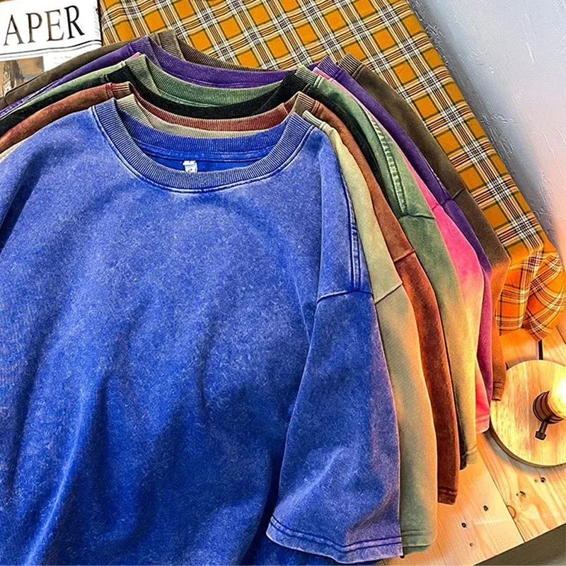 230G Baumwolle Amerikanischen Große Größe T Shirts Männer Sommer Vintage Kleidung Gewaschen Tees Casual Kurzarm Grundlegende Männliche Tops