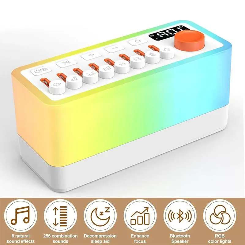 Schlafgerät mit weißem Rauschen und 8 Naturgeräuschen, tragbare Bluetooth-Lautsprecher-Musikbox, Nachtlichter in 12 Farben