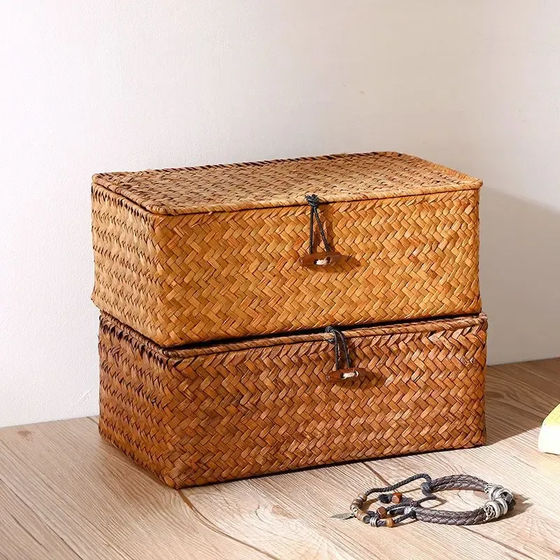 Gewebte Vintage Lagerung Rack Korb Boho Pastoralen Wohnkultur Abgedeckt Lagerung Box Desktop Verschiedenes Lagerung Box Pastoralen Korb