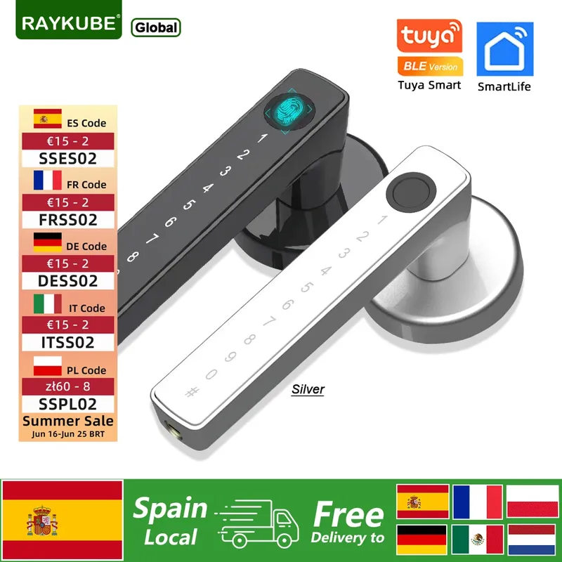 RAYKUBE M5 Tuya BLE Smart Fingerprint Türschloss Elektronisches Schloss mit Passwort/Schlüssel/Karte/Tuya APP Entsperren Kostenlose Lieferung aus Spanien