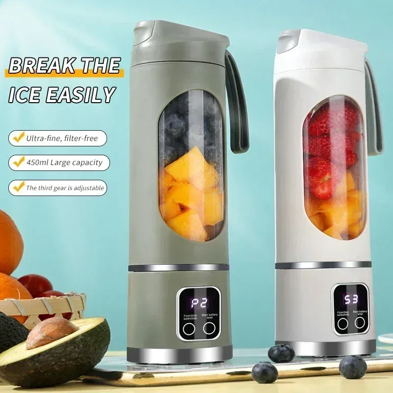 10-Klingen Tragbarer Fruchtentsafter 450ml Fassungsvermögen 3 Geschwindigkeitsstufen USB-Aufladbarer Mixer Eiscrusher für Shakes und Smoothies Entsafter-Becher