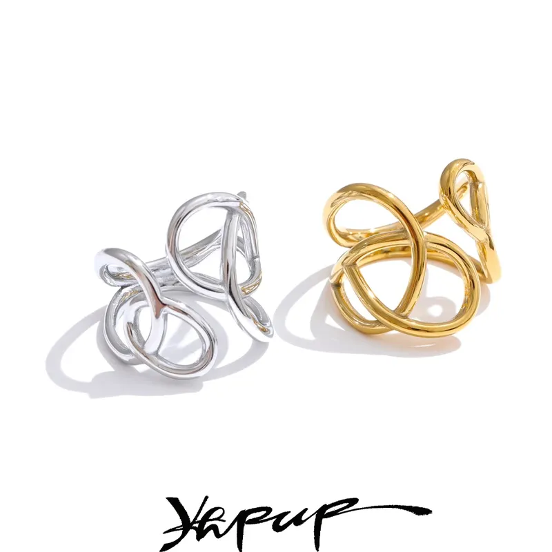 Yhpup Trendiger, geometrischer, hohler, ungewöhnlicher Ring aus Edelstahl für Frauen, unverwechselbarer, schlanker, polierter Fingerschmuck 2025