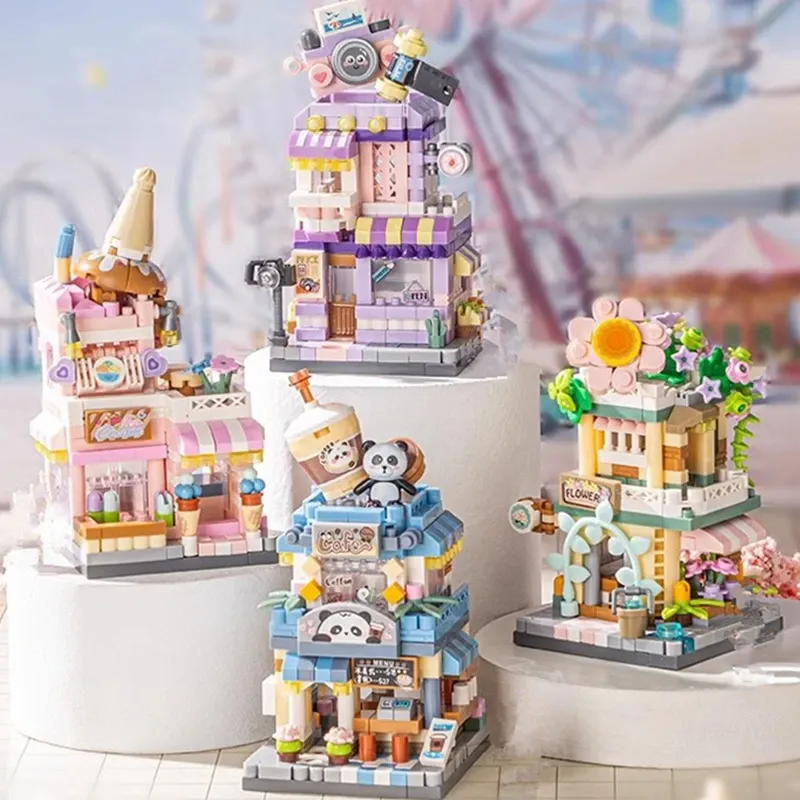 NEUE Panda Haustier Kaffee Eis Blumenladen Shop Street View Lebensmittel Haus Bausteine Kit Mädchen Ziegel Modell Kinder Spielzeug Kinder