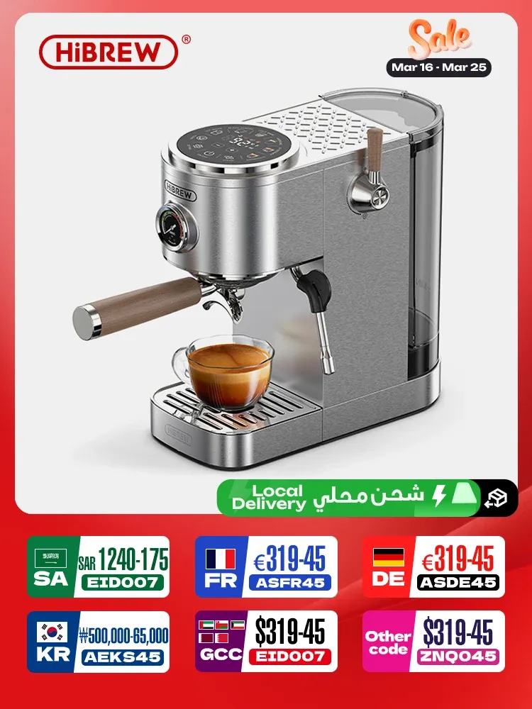 HiBREW Halbautomatische Espressomaschine, 3 Stufen, temperaturverstellbar, kalt/heiß, 20 Bar, Kaffeemaschine, Cappuccino H13