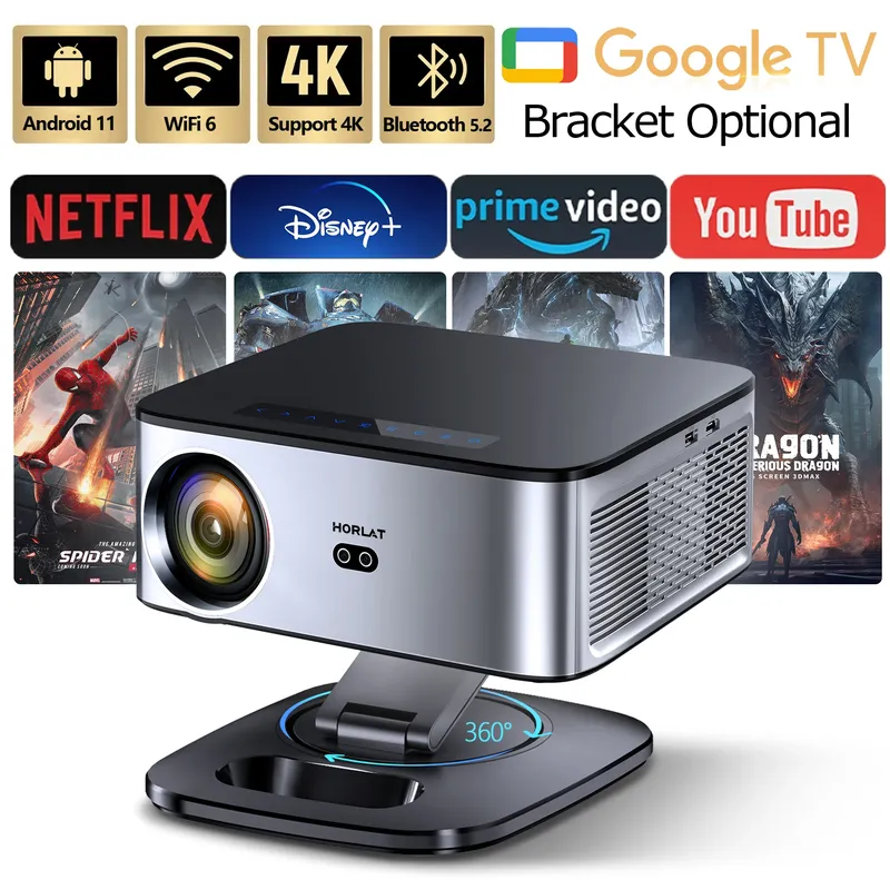 HORLAT T09MAX Google TV 4K Projektor 40000 Lumen WiFi6 BT5.2 Fernbedienung Autofokus Native 1080P Full HD Heimkino Filmprojektor