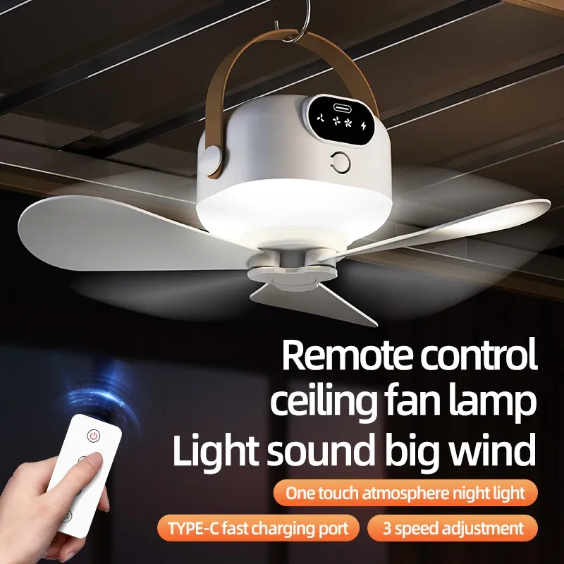 Deckenventilator, tragbar, für Camping, Zelt, Deckenüberdachung, Ventilator, 8000 mAh, wiederaufladbar, kabelloser Ventilator, Luftzirkulatoren mit Fernbedienungslicht