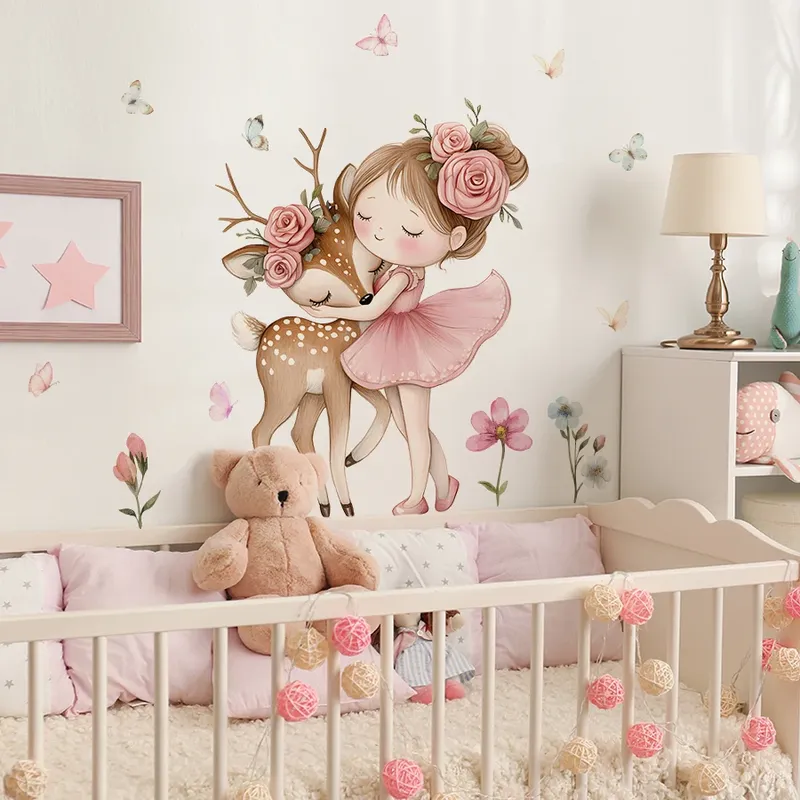 Cartoon Mädchen mit Hirsch Wandtattoo Waldtier Schlafzimmer Dekor wasserdicht Peel-Stick Home Art für Spielzimmer Wandkunst Aufkleber