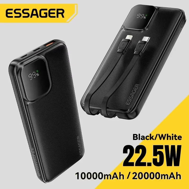 Essager Tragbare Powerbank 20000 mAh mit zwei integrierten Kabeln, externer Akku PD 22,5 W, schnelles Aufladen für iPhone 17 16 15 Xiaomi