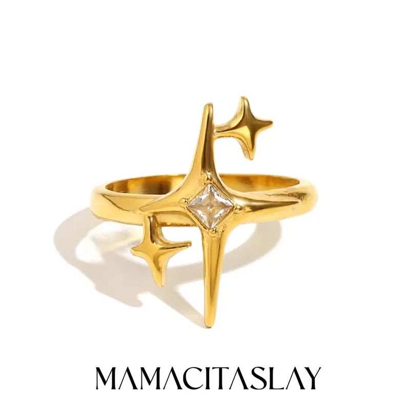 MamacitaSlay Einzigartiger cooler Stern-Zirkon-Ring aus 316L-Edelstahl, Party, wasserdicht, 18 Karat vergoldet, Schmuck, Damen-Charm, Geschenk 2025