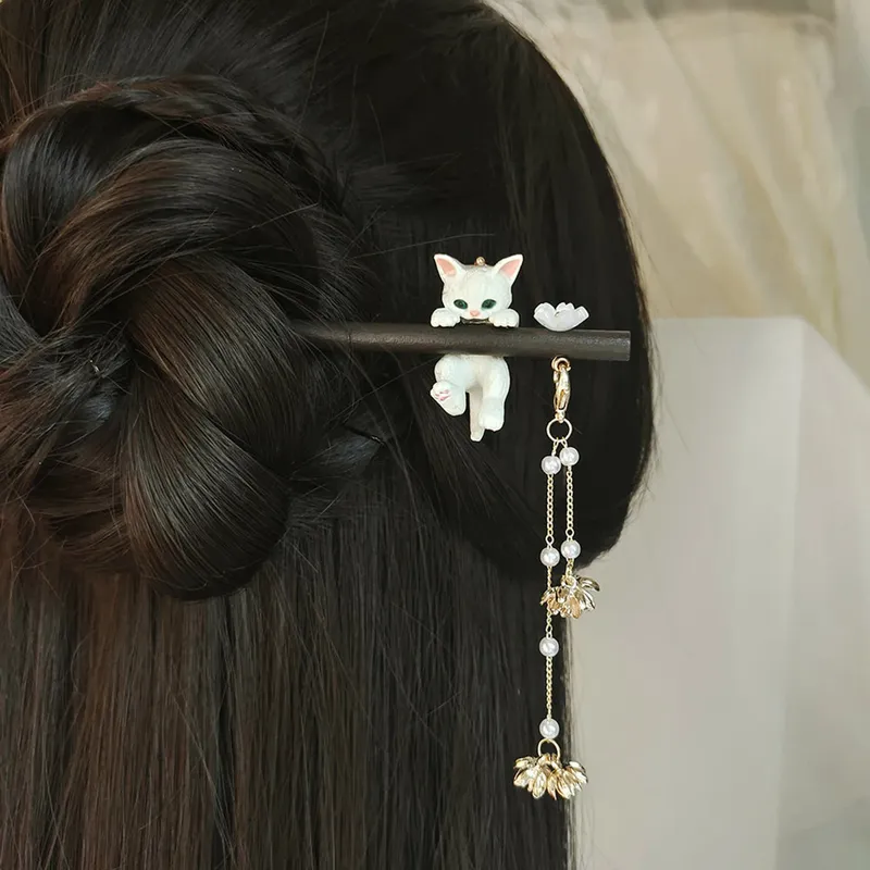 Chinesischen Stil Haarnadel Für Frauen Kreative Katze Blume Quaste Haar Stick Nette Kätzchen Ornament Holz Haarnadel Haar Zubehör 1pc