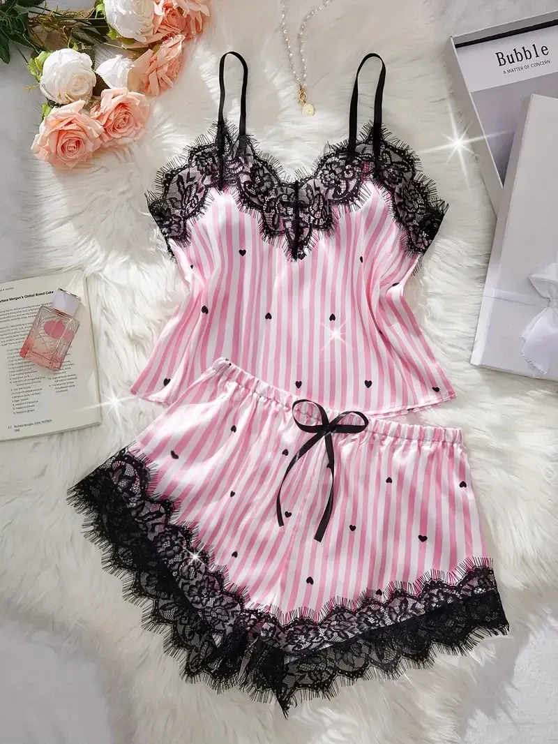 Sommer Seide Satin frauen V-ausschnitt Sexy Spitze Hosenträger Pyjama Shorts Set Streifen Herz Casual frauen Ärmellose Sexy Pyjama set