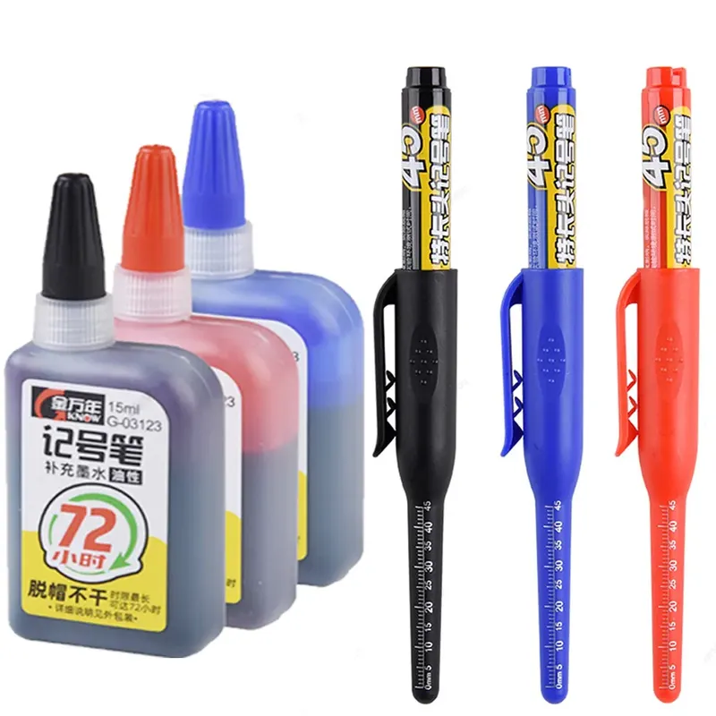 45 mm Tiefloch-Markierungsstifte, langer Spitzenkopf, Zimmermannsstift, schwarze/blaue/rote Tinte, wasserdicht, zum Messen von Holzhandwerkzeugen