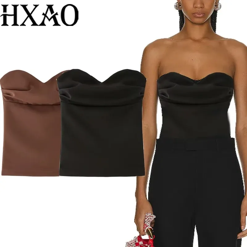 HXAO Damen Korsett Crop Top Frau Sommer Trägerlos Schwarz Tube Top Geraffte Backelss Sexy Solide Tops Schulterfrei Bustier 088