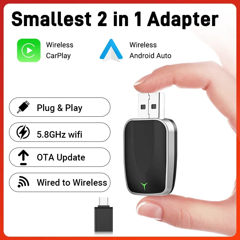 XUDA 2-in-1-AI-Box-Mini-Adapter, verkabelt mit kabellosem Carplay und Android Auto, kompatibel mit 99 % von Autos, Plug-and-Play-WLAN-Smart-Dongle