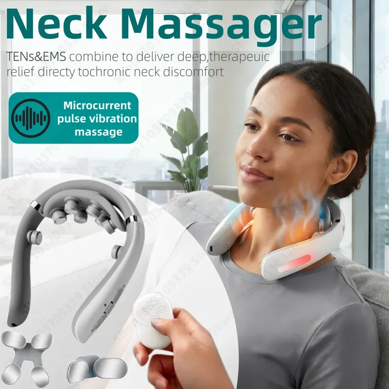 Nackenmassagegerät Elektrisch Mikrostrom Mehrfach-Austauschbare Köpfe Kabellos Kneten Shiatsu Heizung Vibration Nacken-Schulter-Massagegerät