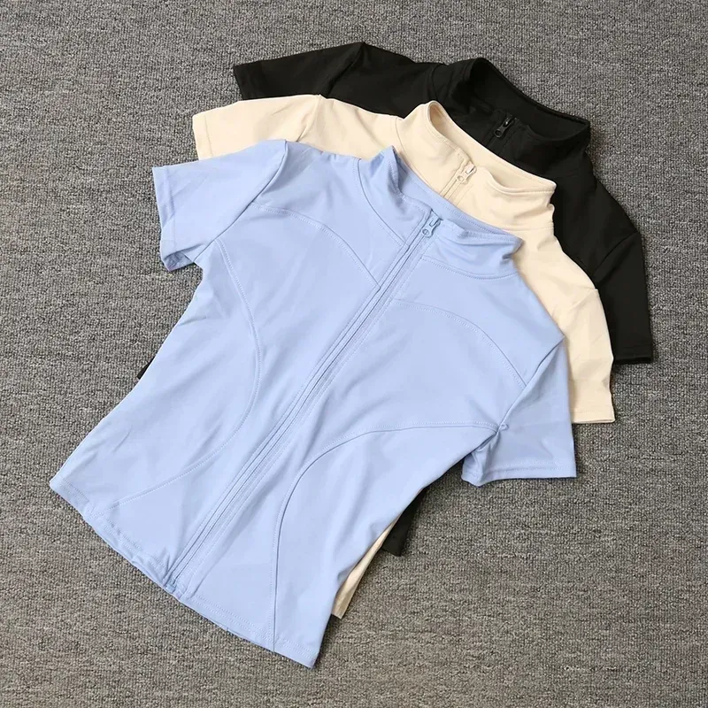 Sommer Hohe Qualität Taille Abnehmen Training Tops frauen Schnell trocknend Engen Stehkragen Voll Zipper Kurzen Ärmeln Yoga shirts