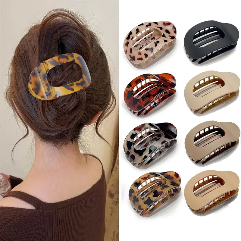 Modische Ovale Flache Haarspangen für Frauen Neues Design Leoparden-Muster Große Flache Runde Haarklammer Französische Acryl-Haaraccessoires